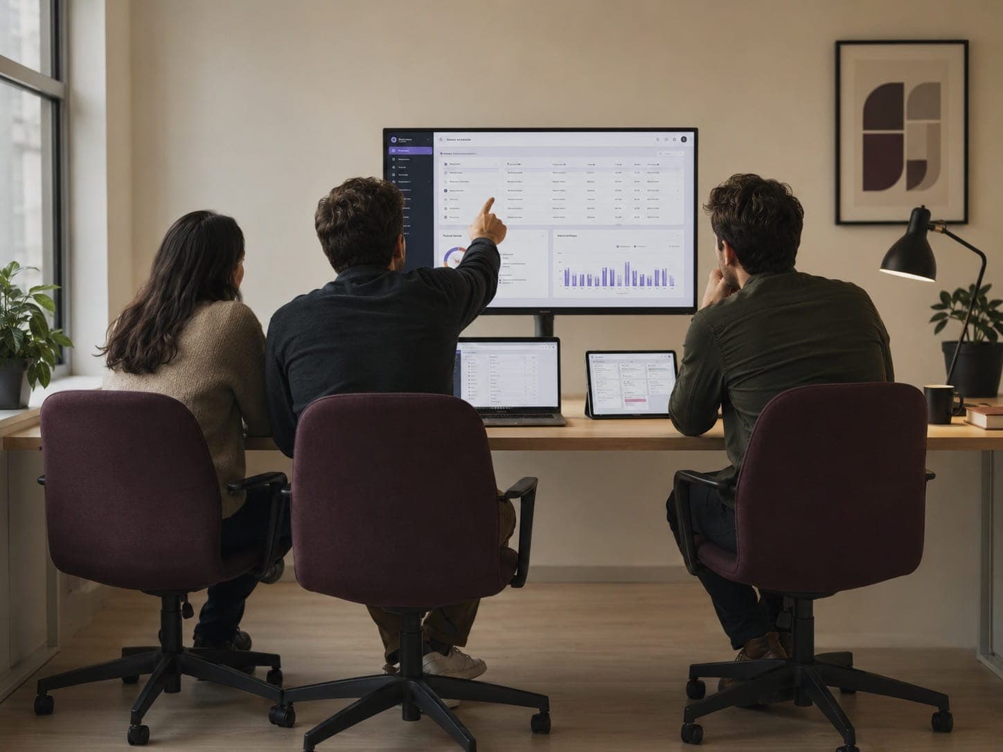 Three people reviewing a piece of custom software together on one screen