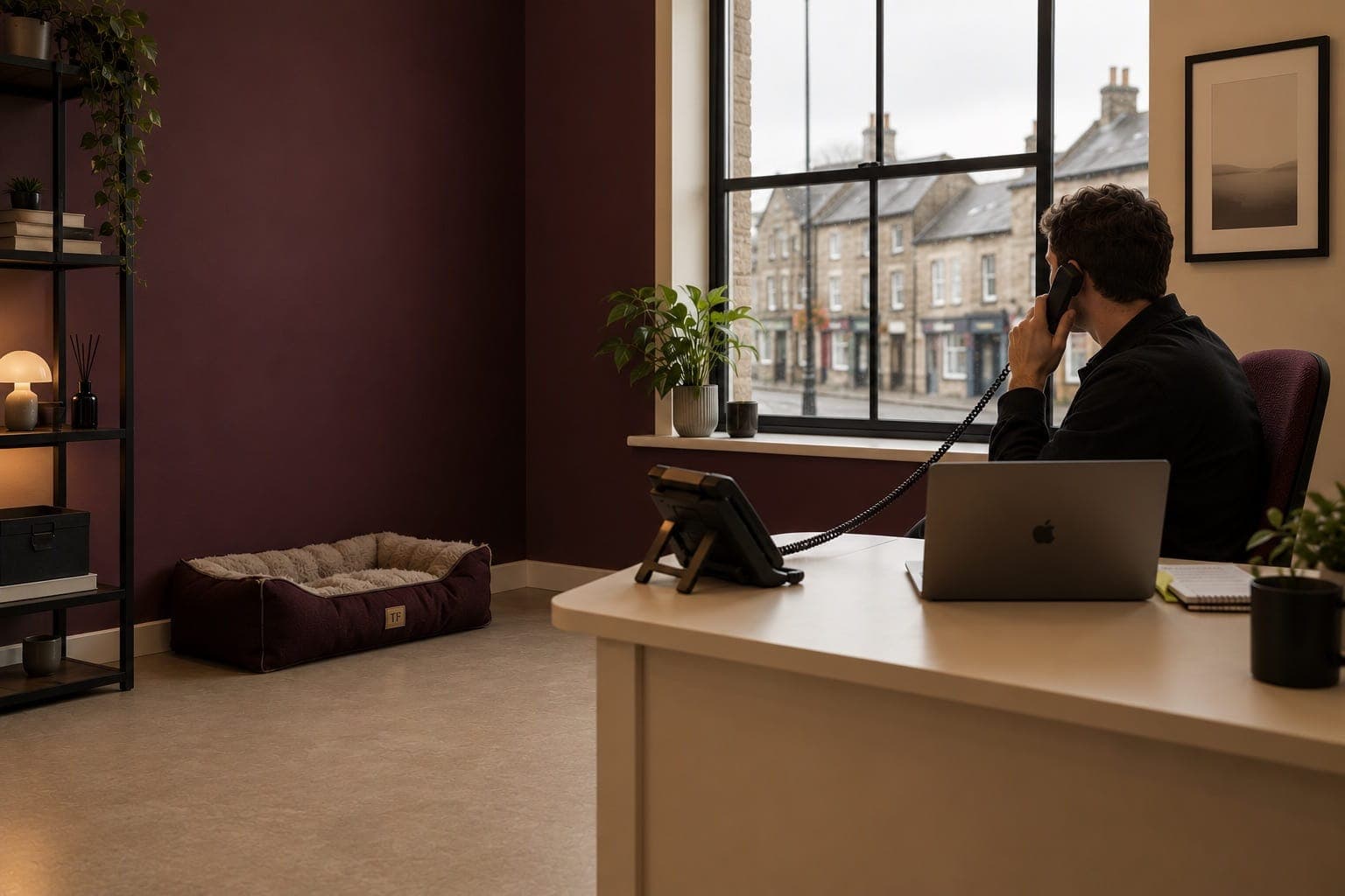 A desk in the Digital Marketing Expert office, with someone taking a call by the window