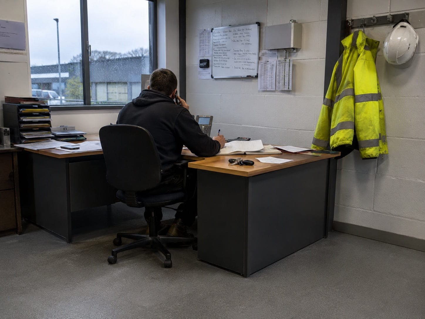 A local trade business owner at their desk, taking an enquiry call and writing it into a job diary