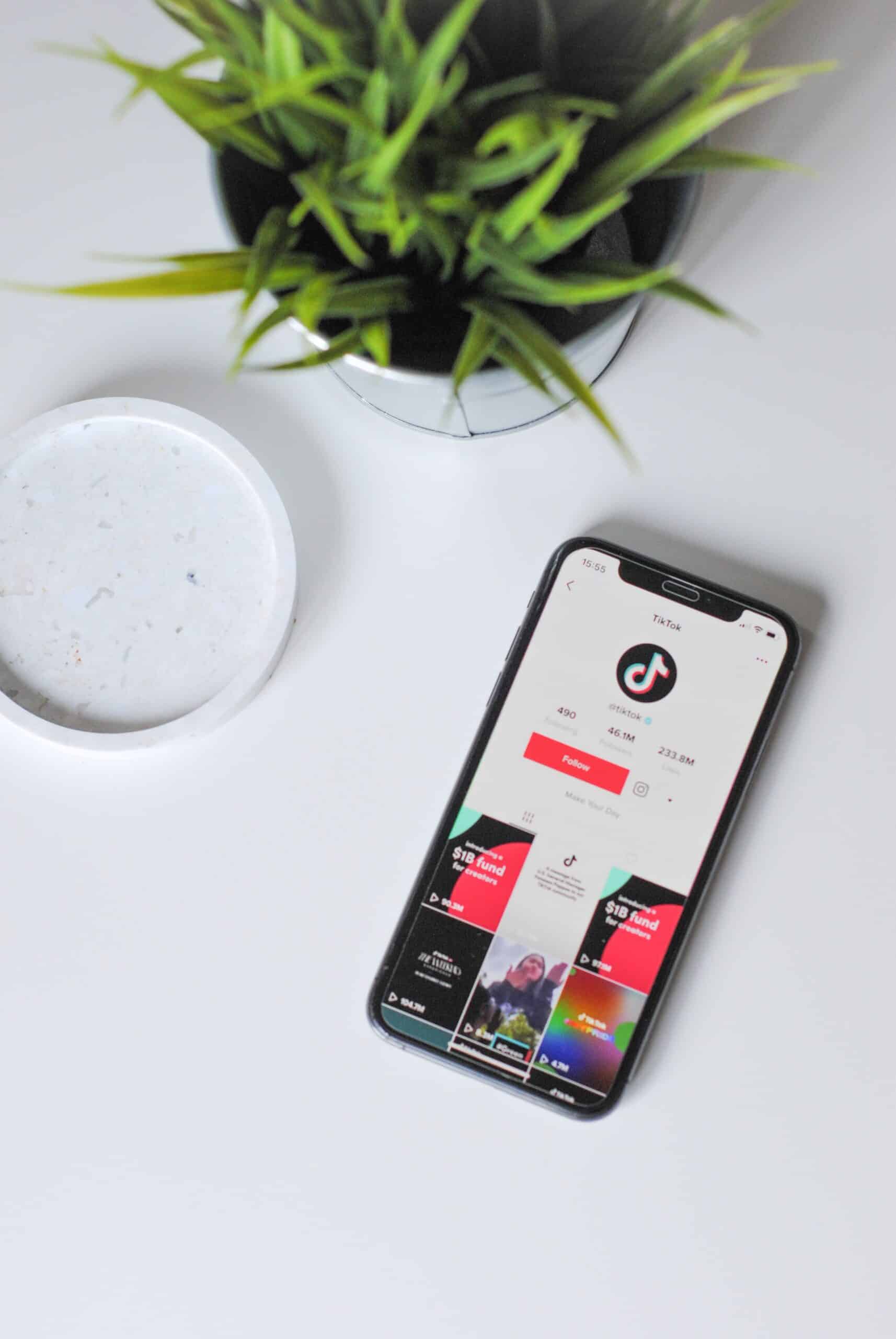 A phone showing the TikTok app on a white desk beside a potted plant.