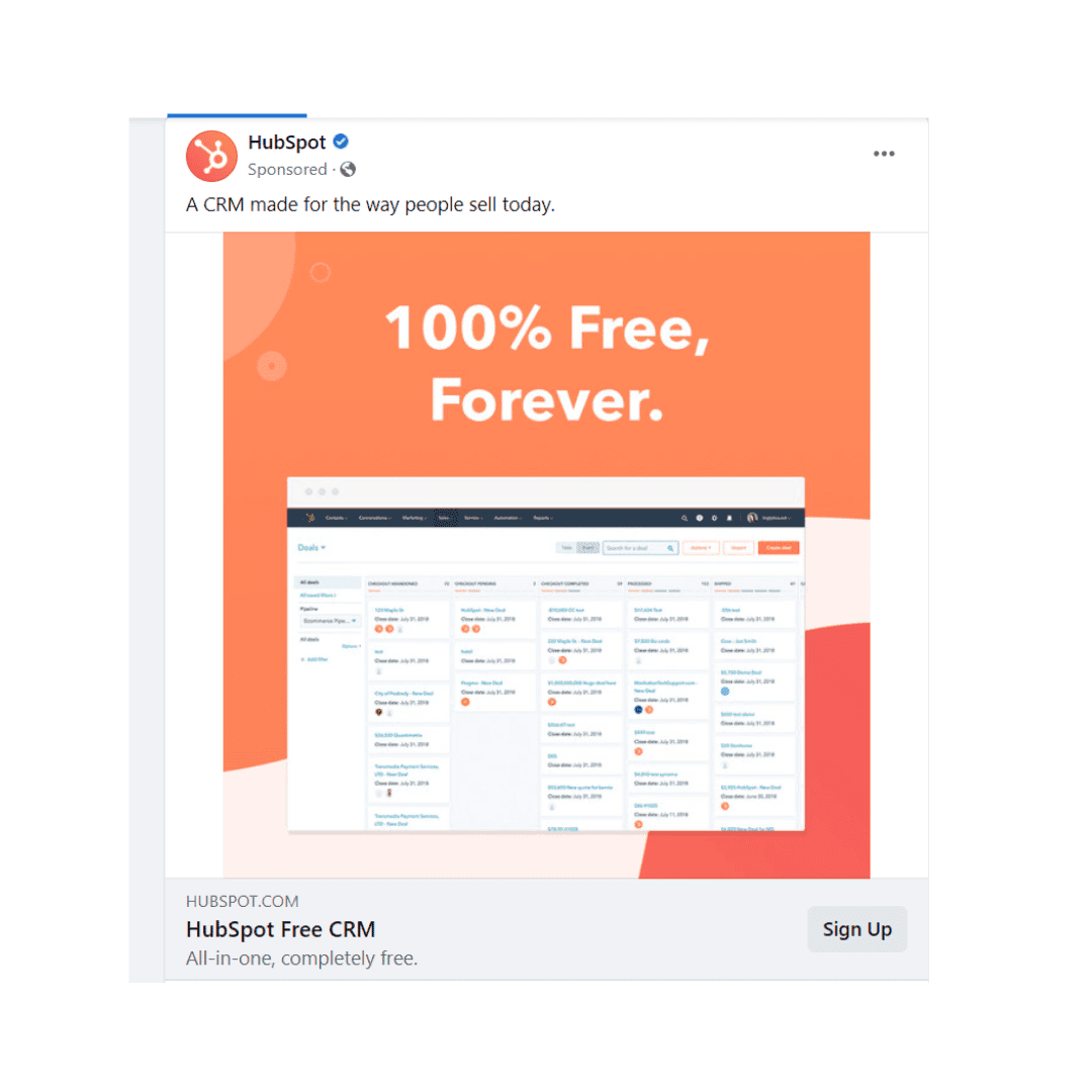A sponsored HubSpot advert in a social feed, headlined 100% Free, Forever, above a screenshot of their CRM.