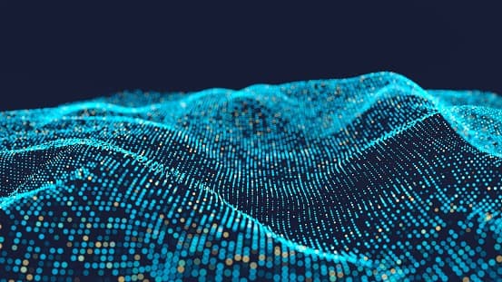 An abstract landscape of glowing blue data points forming rolling waves.