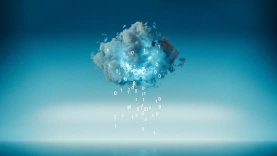 A stylised cloud raining pixels of data, on a blue background.