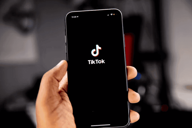 A hand holding a phone showing the TikTok splash screen.
