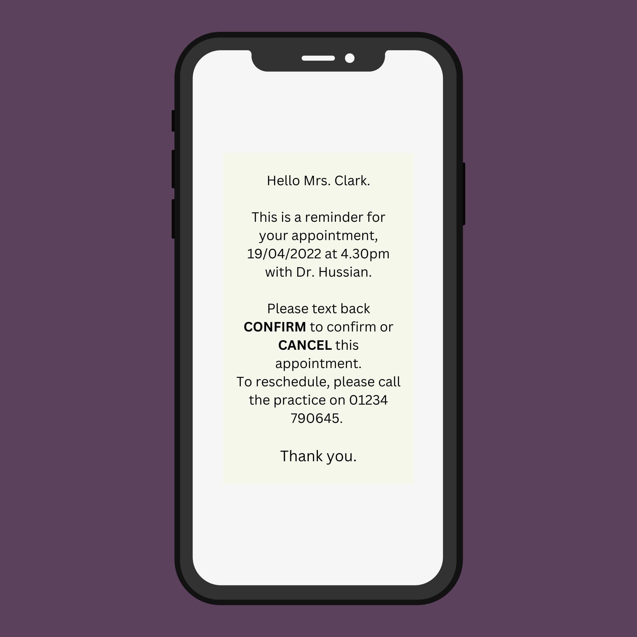 A phone showing an example appointment reminder text message, asking the recipient to reply CONFIRM or CANCEL.