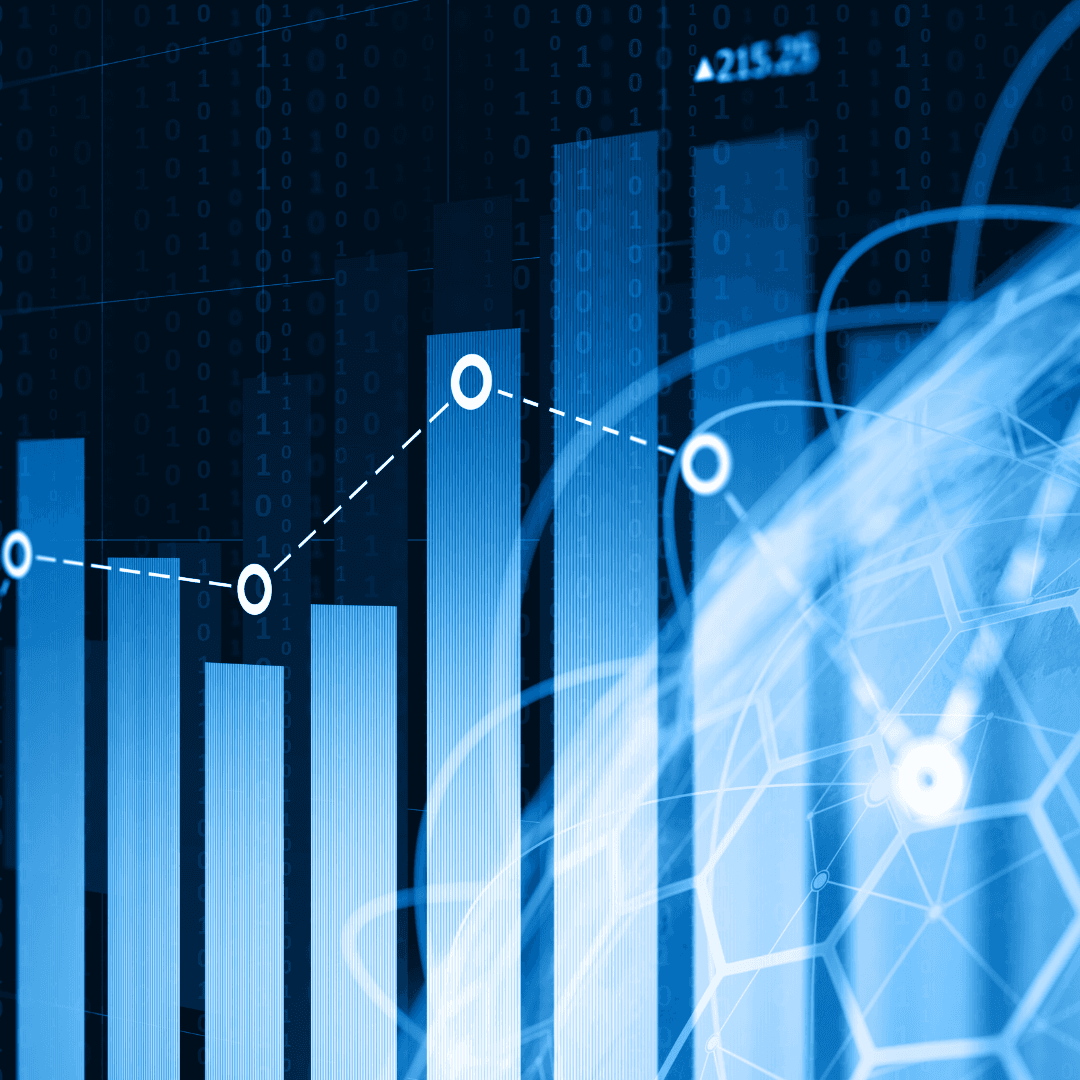 An abstract blue bar chart with a rising trend line over a digital globe.