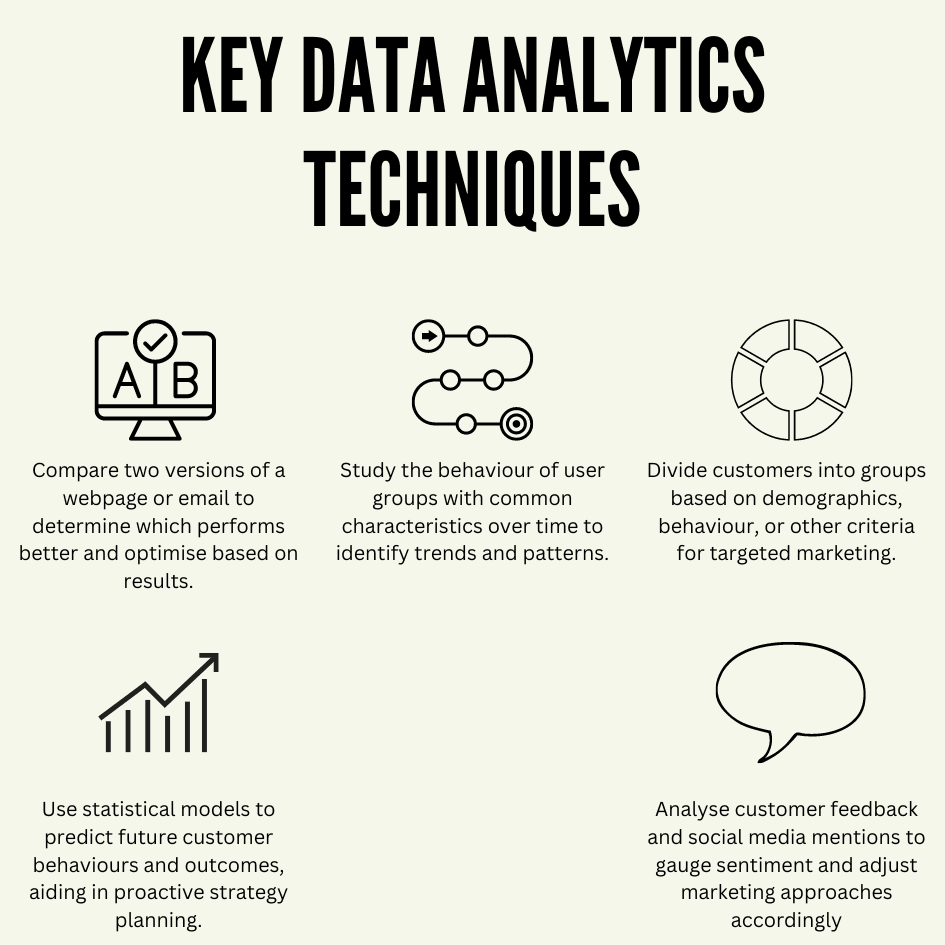 Infographic headed Key Data Analytics Techniques, covering A/B testing, cohort analysis, customer segmentation, predictive modelling and sentiment analysis.