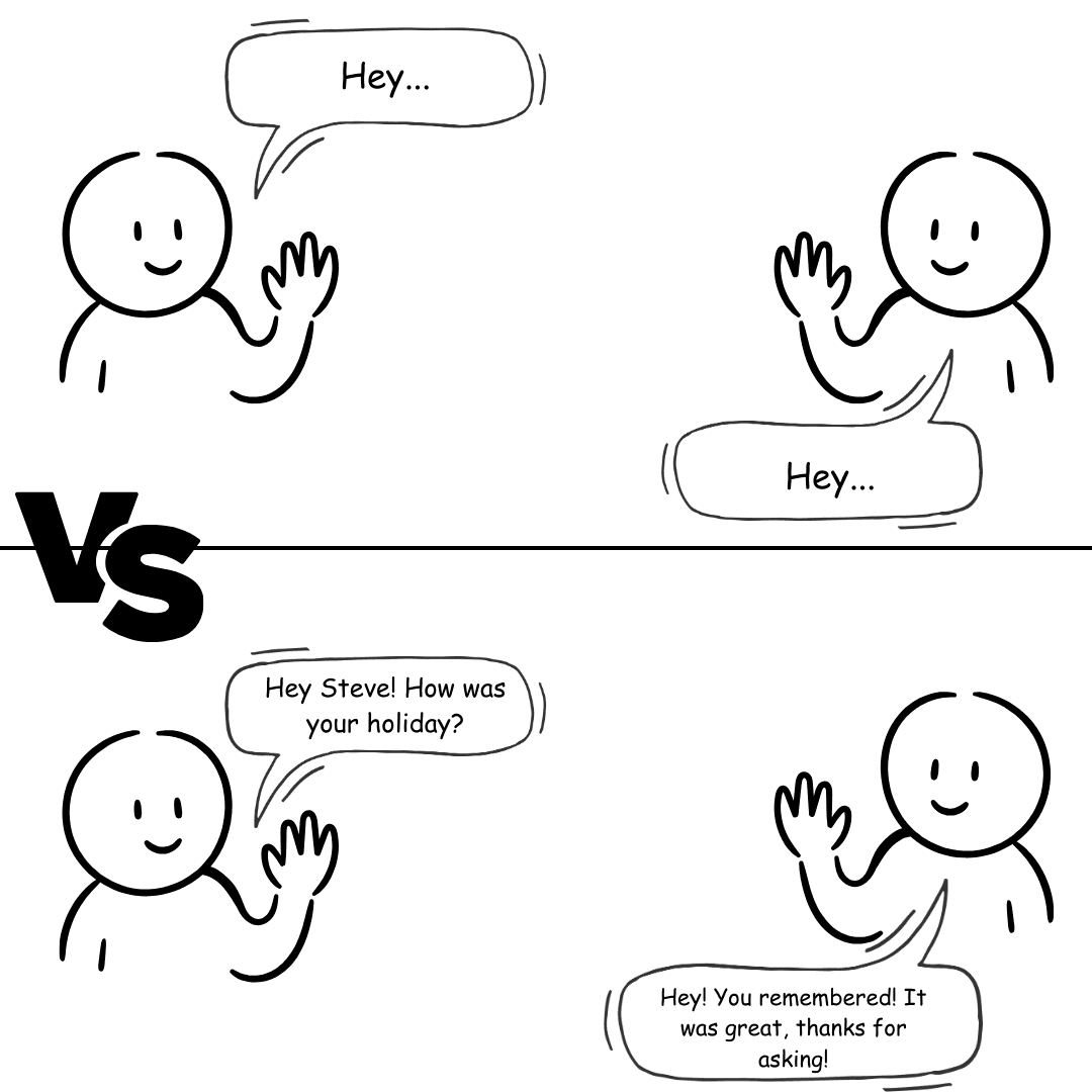 A cartoon comparing two conversations. Above, two figures exchange a flat Hey. Below, one asks Hey Steve! How was your holiday? and the other replies You remembered! It was great, thanks for asking.