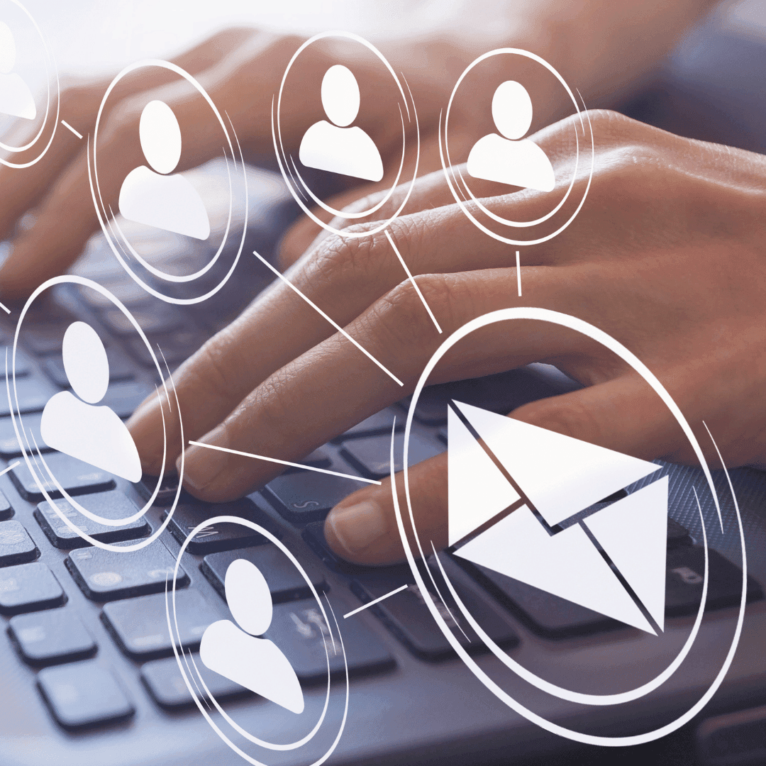 Hands typing on a keyboard overlaid with a network of person icons linked to an envelope icon.