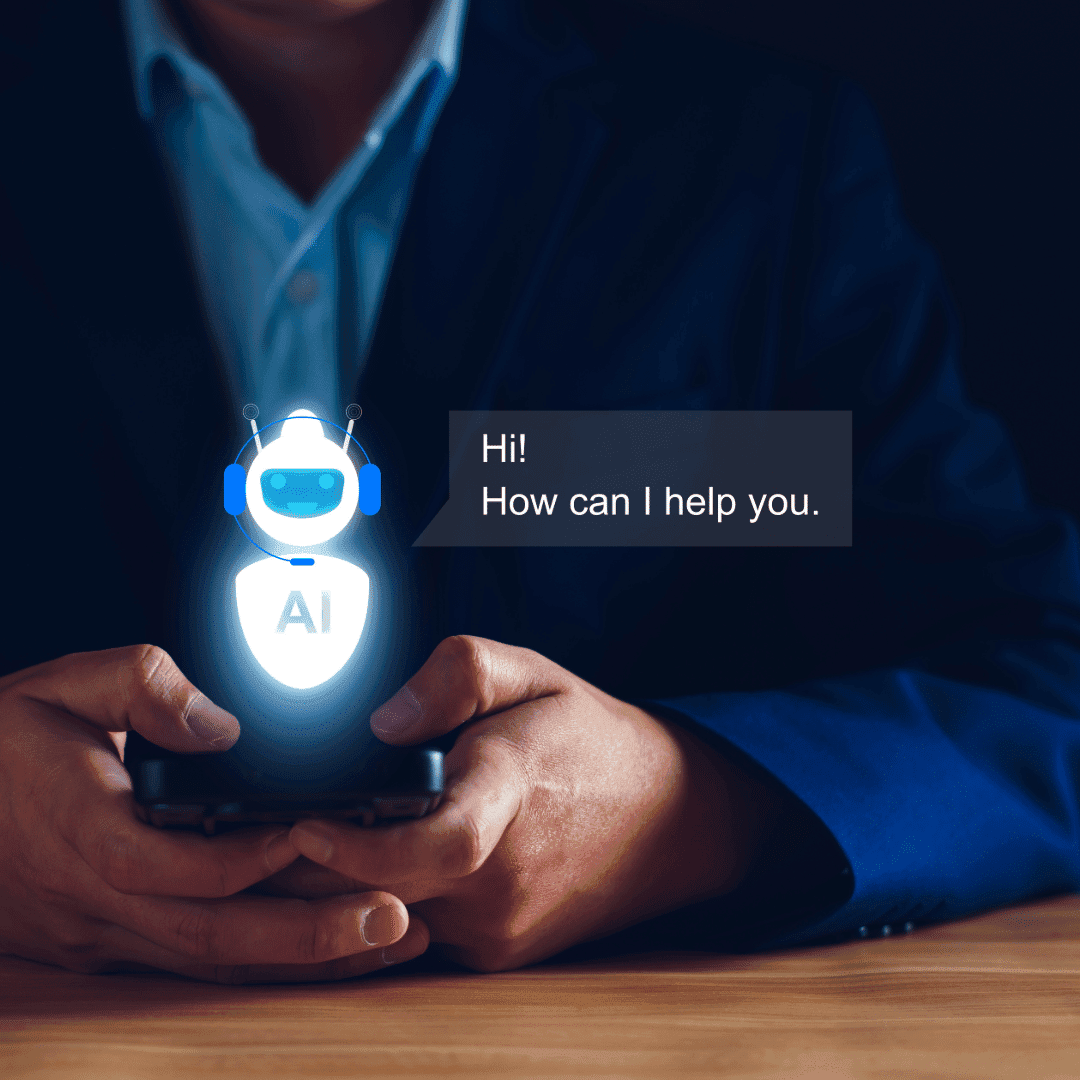 A man holding a phone with a glowing AI chatbot avatar above it, saying Hi! How can I help you.