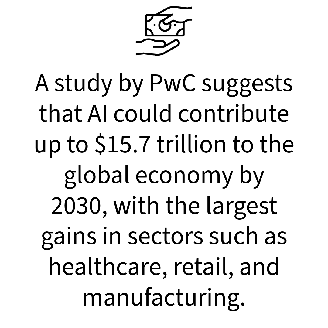 Statistic card: a study by PwC suggests that AI could contribute up to $15.7 trillion to the global economy by 2030, with the largest gains in sectors such as healthcare, retail and manufacturing.