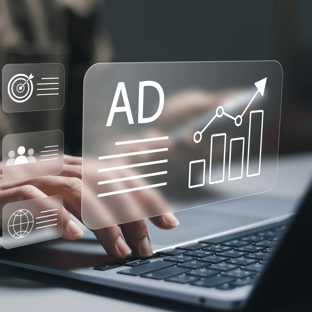 Hands on a laptop with a floating panel showing an advert mockup and a rising bar chart.