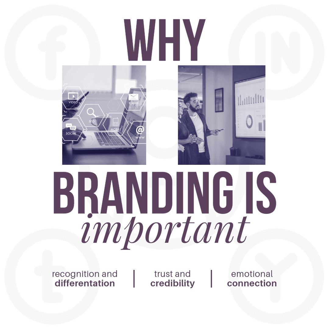 Infographic headed Why Branding Is Important, listing recognition and differentiation, trust and credibility, and emotional connection.