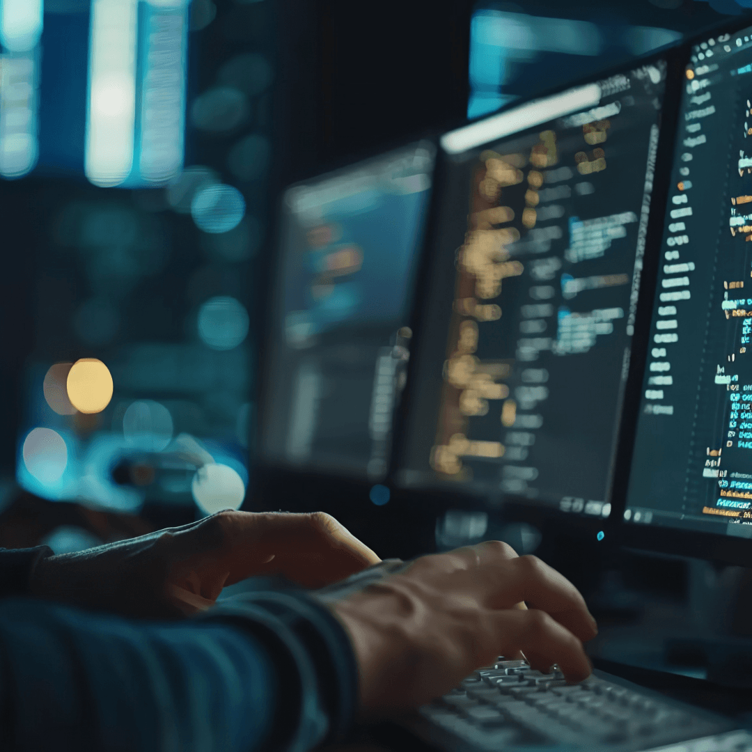 A developer typing at a desk with two monitors full of code in a darkened room.