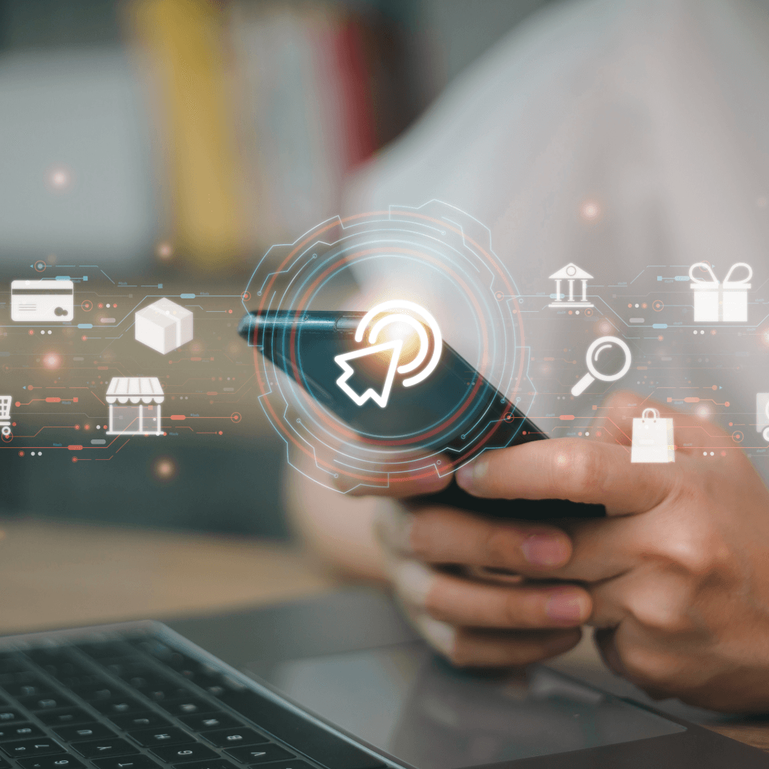 A person using a phone surrounded by floating ecommerce icons for payment, delivery, shopping and search.