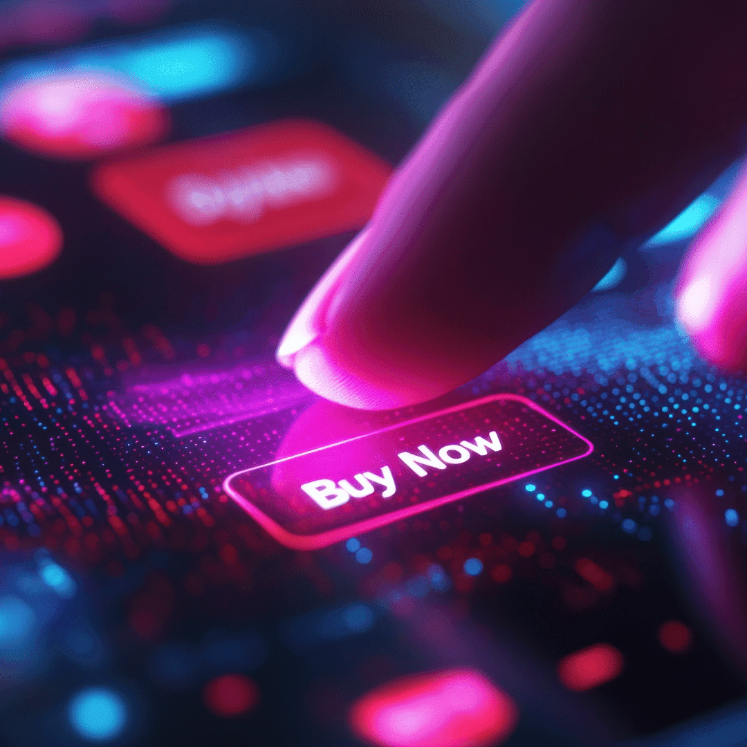 A finger pressing a glowing Buy Now button on a screen.