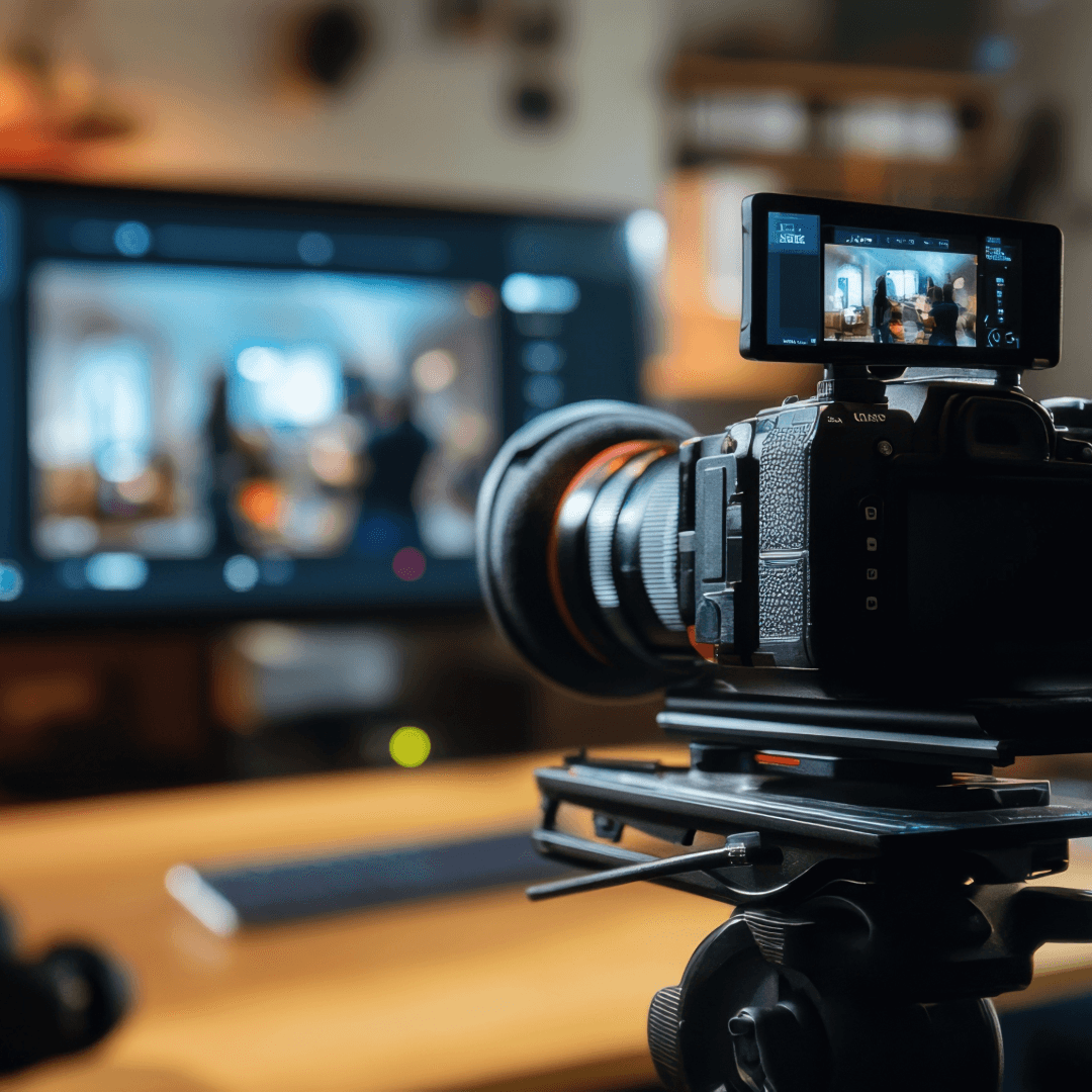 A camera on a tripod set up to film a screen in a home studio.