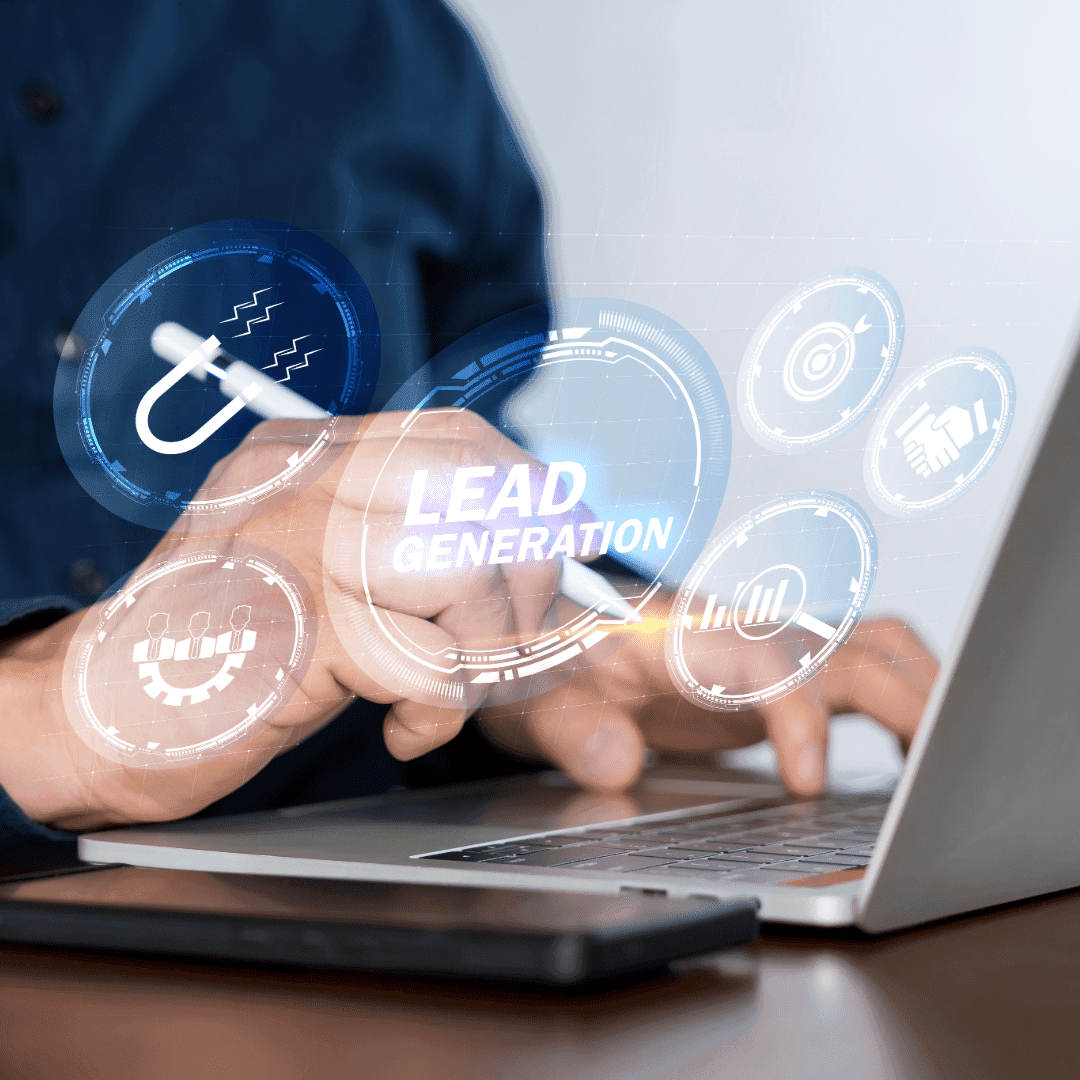 A person at a laptop with a floating panel reading Lead Generation, surrounded by marketing icons.