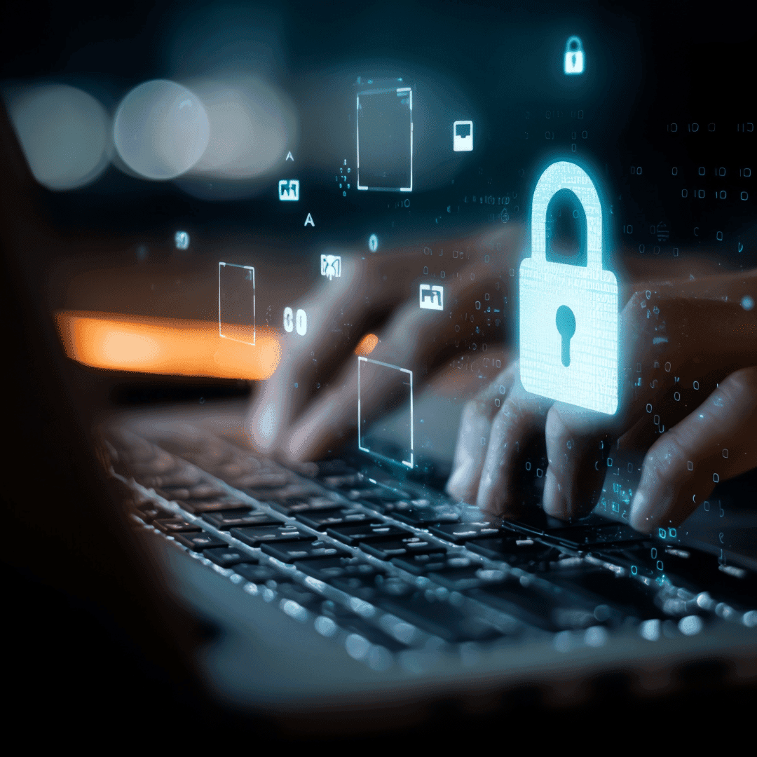Hands typing on a laptop with a glowing padlock icon overlaid, representing website security.