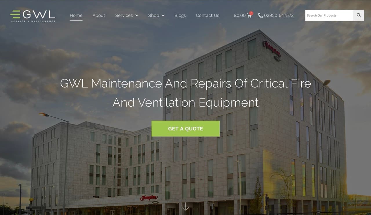 The GWL Service & Maintenance home page, showing a large commercial building under a dusk sky with the headline "GWL maintenance and repairs of critical fire and ventilation equipment" and a Get a quote button
