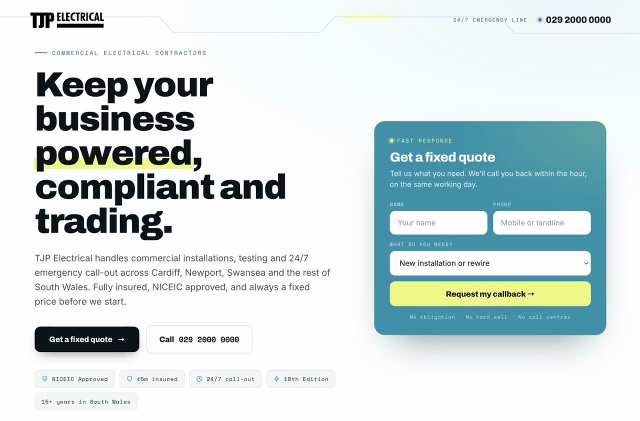 The TJP Electrical commercial landing page, headed "Keep your business powered, compliant and trading", with a fixed quote callback form beside it and trust markers for NICEIC approval, insurance and 24/7 call-out