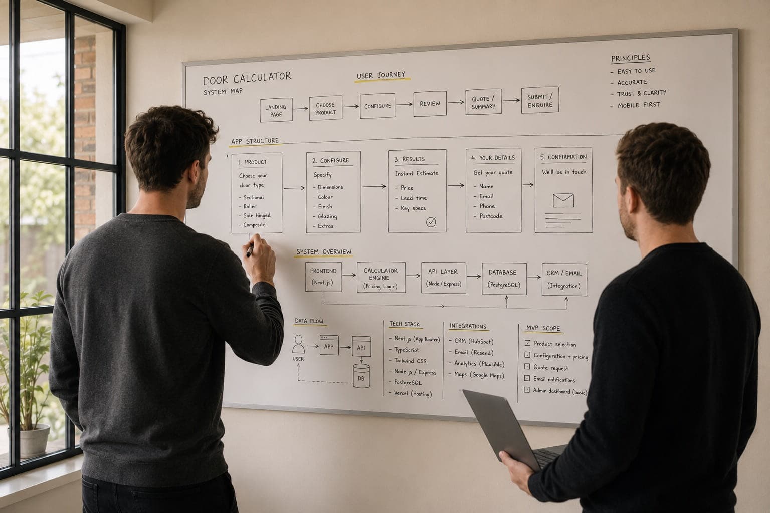 Two people mapping out a software system on a whiteboard