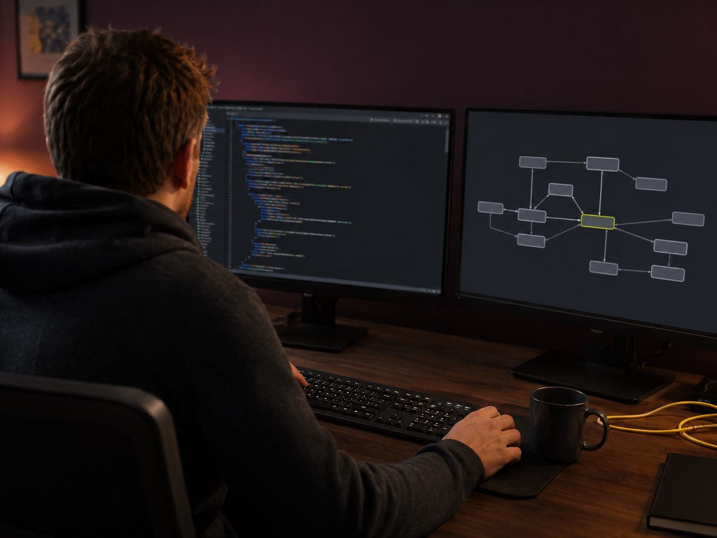 A developer working across two screens, one showing code and one a diagram of connected systems