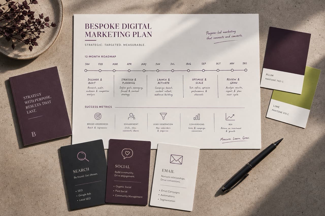 A printed bespoke digital marketing plan laid out on a desk with a timeline, channel breakdown cards and a pen.