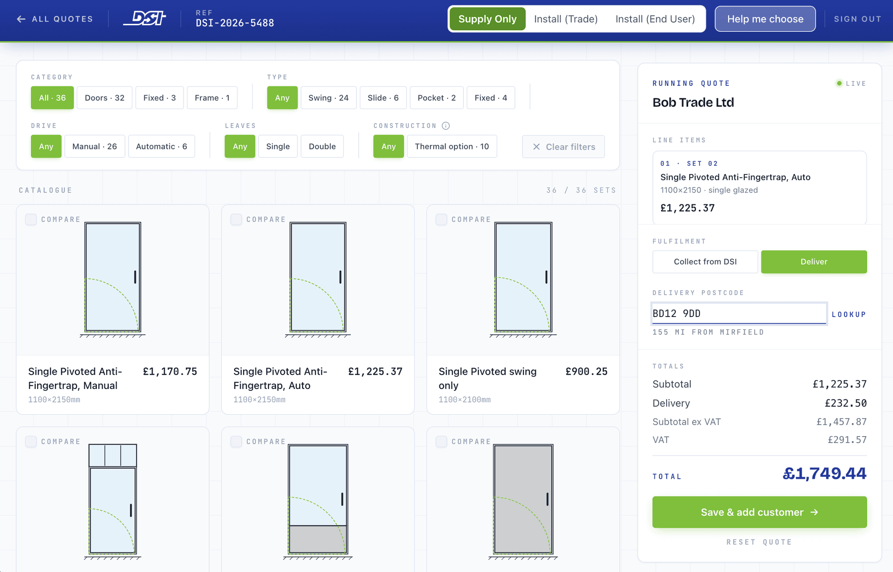 The DSI aluminium door quoting tool, showing a filterable catalogue of door sets on the left and a live running quote with delivery and VAT totals on the right