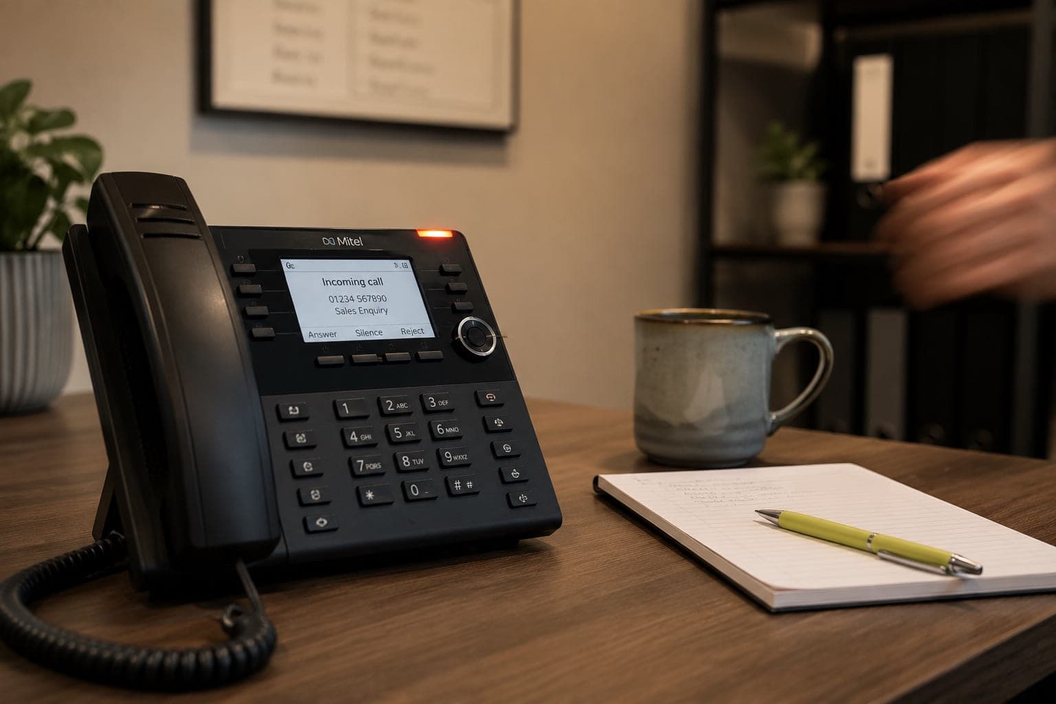 A desk phone ringing beside a notepad in a small business office