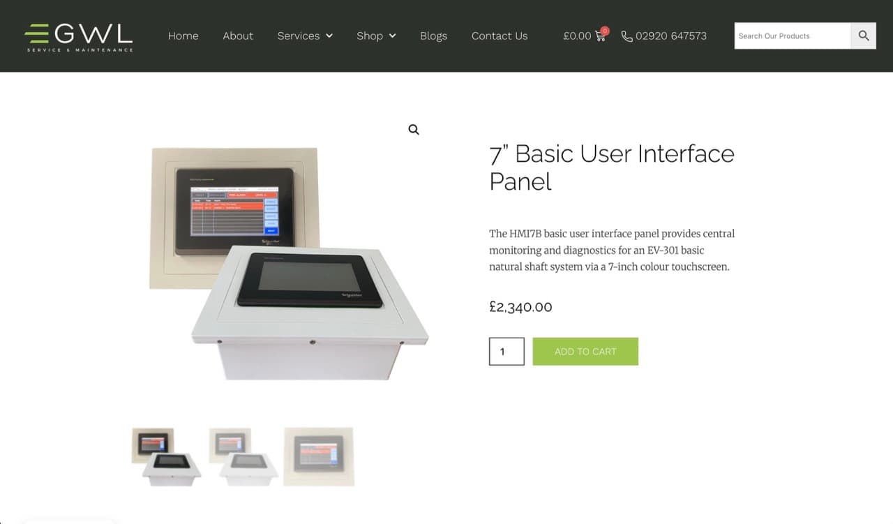 A product page in the GWL Service & Maintenance online shop, showing a 7 inch basic user interface panel with photographs, a specification and an add to cart button