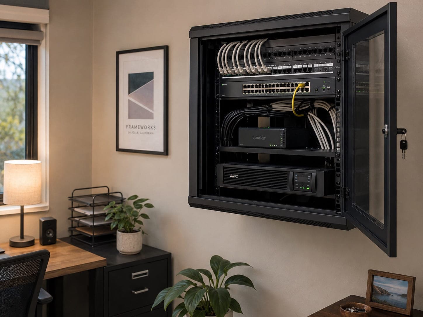 A neat wall-mounted comms cabinet with tidy patch cables and steady status lights