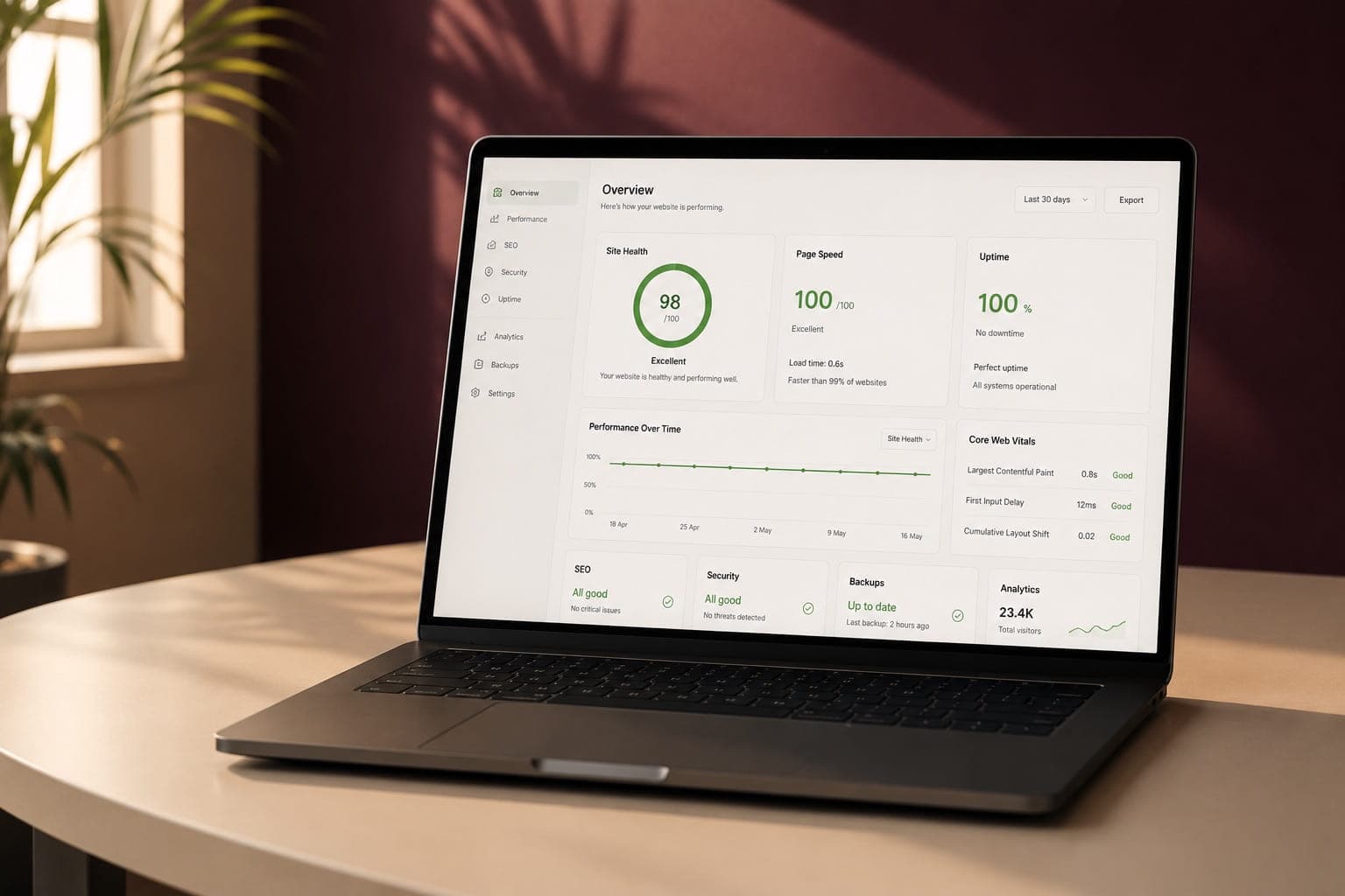 A laptop alone on a desk showing a healthy site performance score