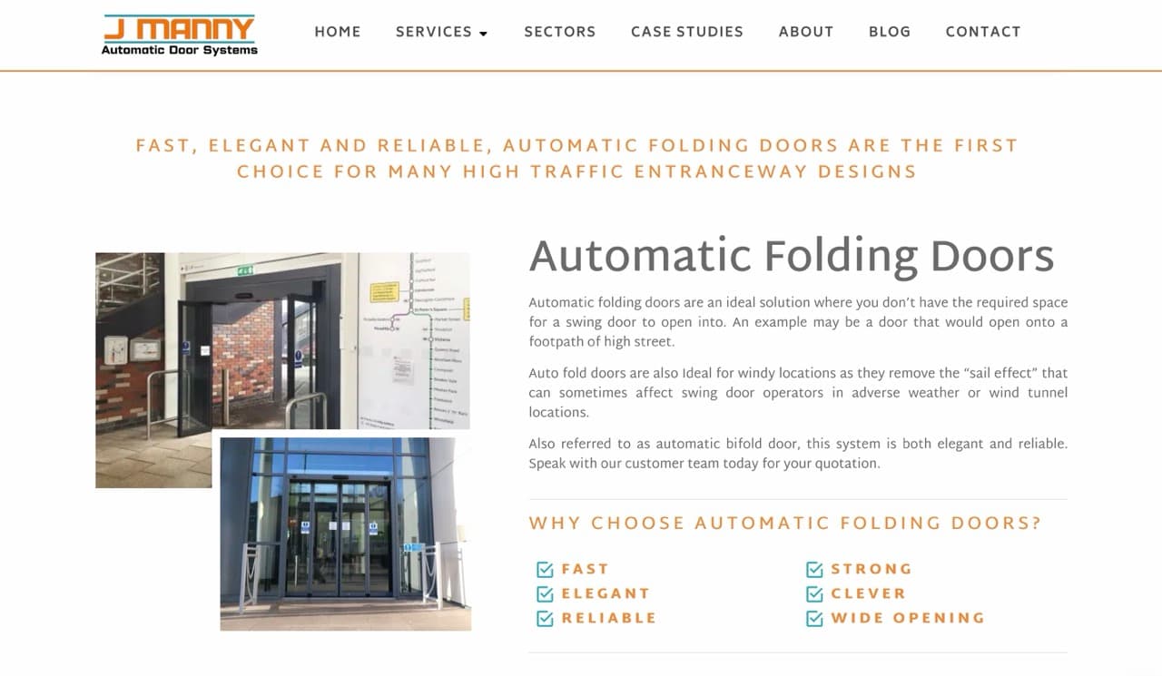 A J Manny product page for automatic folding doors, with installation photographs at a rail station and a shopfront alongside the specification copy