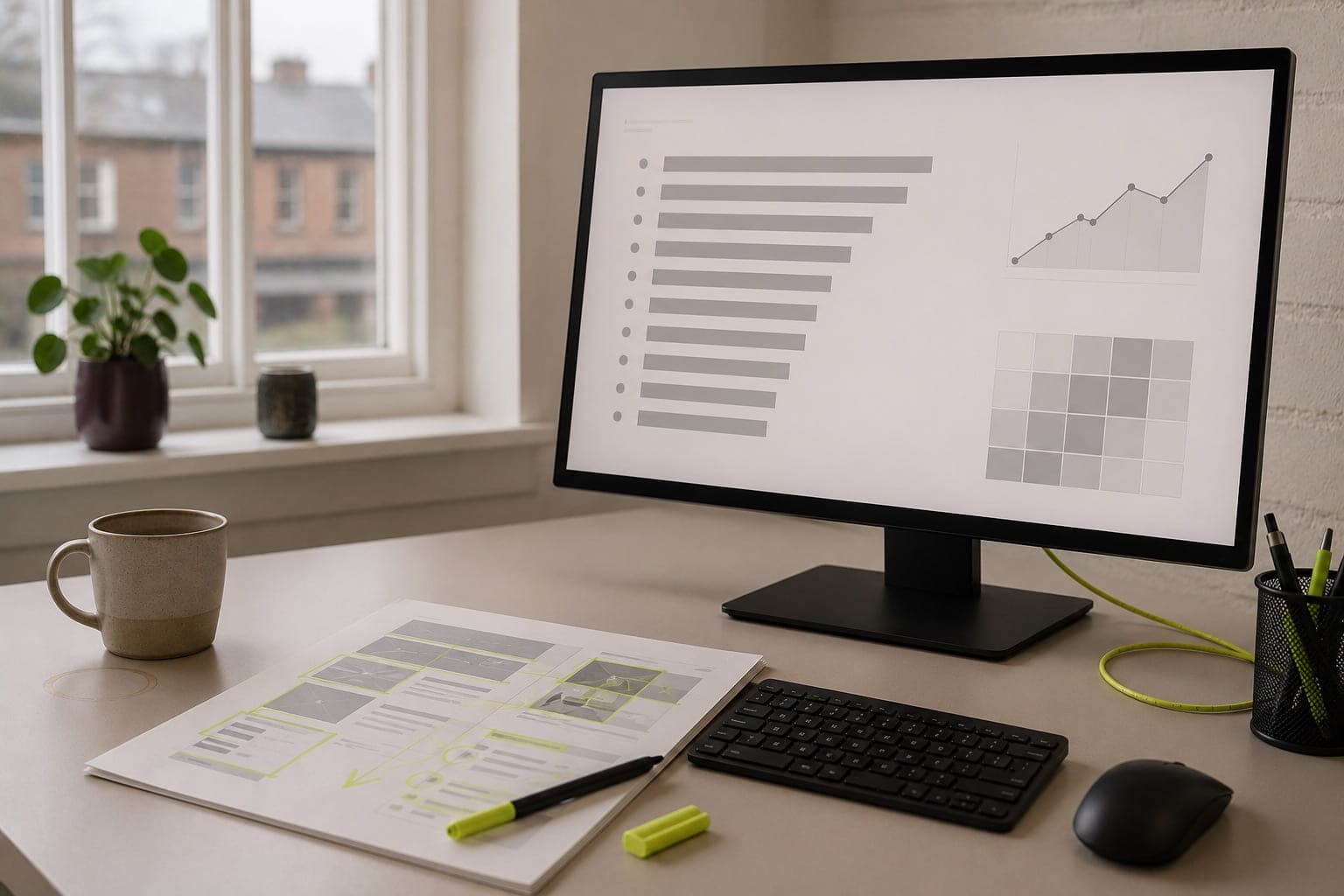 A desk with search rankings and a marked-up page of notes beside the keyboard