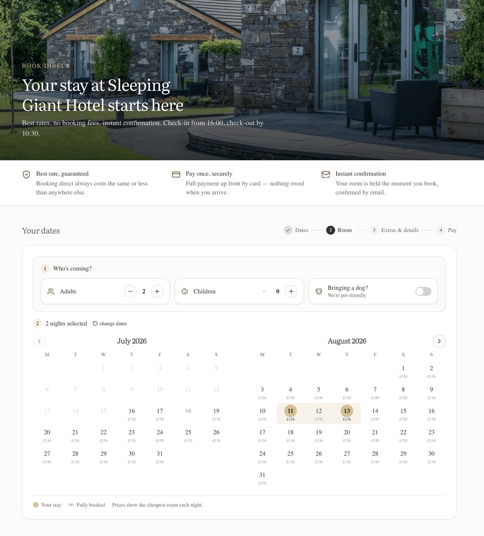 The Sleeping Giant Hotel direct booking page, showing a two month availability calendar with a price against each night and a two night stay selected in August