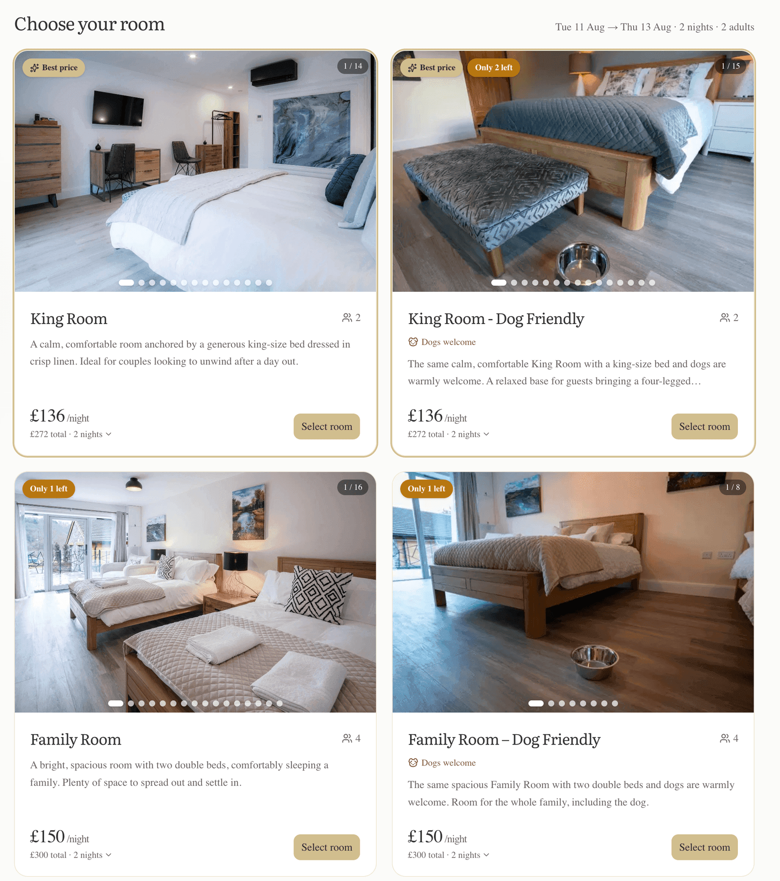 The room selection step of the Sleeping Giant Hotel booking system, showing King and Family rooms with photographs, nightly prices and dog friendly options