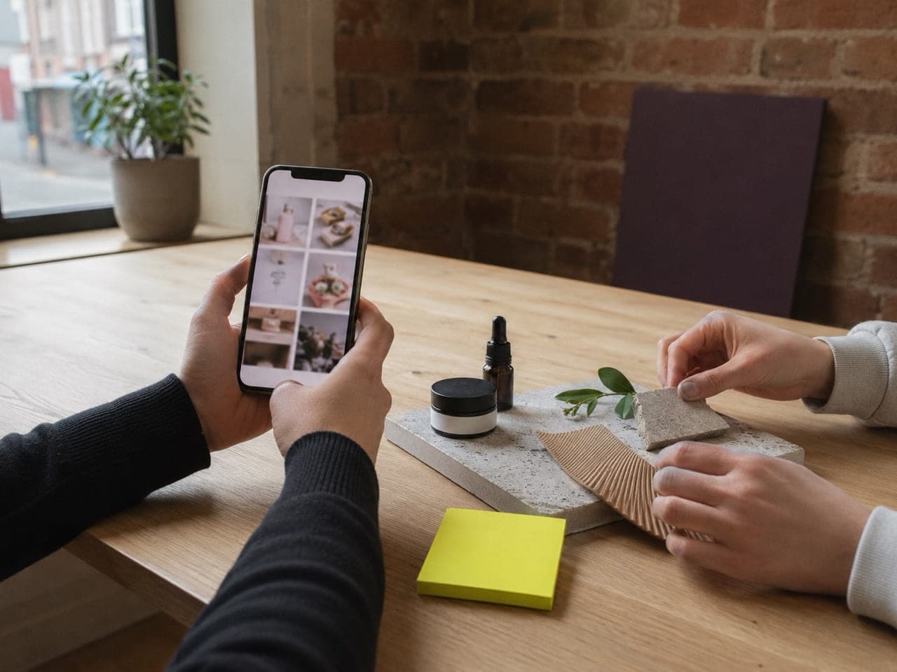 A person holding a phone showing a product website while sitting across a table from a colleague.