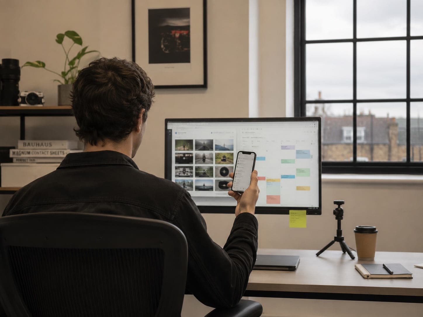 Someone planning social content, holding a phone beside a screen of scheduled posts