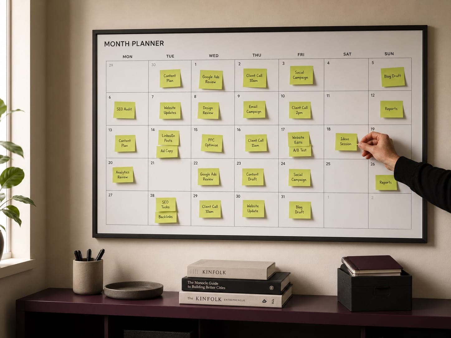 A month planner on the wall filled with scheduled content on sticky notes