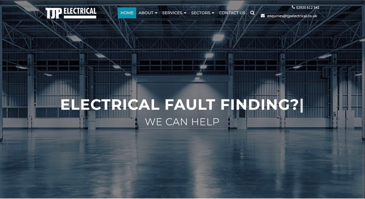 The TJP Electrical home page, showing a wide industrial warehouse interior lit from the roof and the headline "Electrical fault finding? We can help"