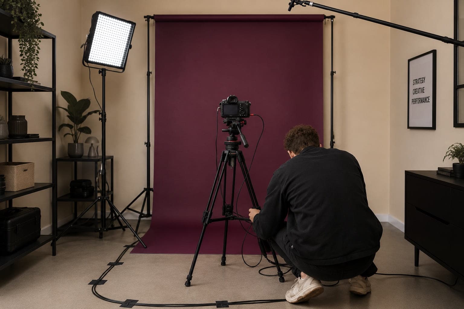 A camera on a tripod in front of a plum backdrop in a small studio