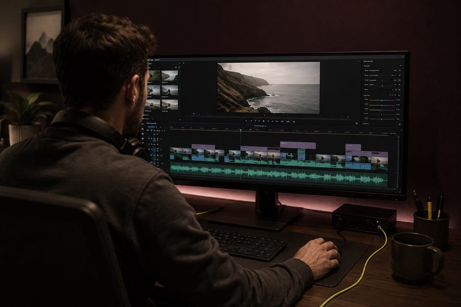 An editor working on a video timeline at a wide monitor