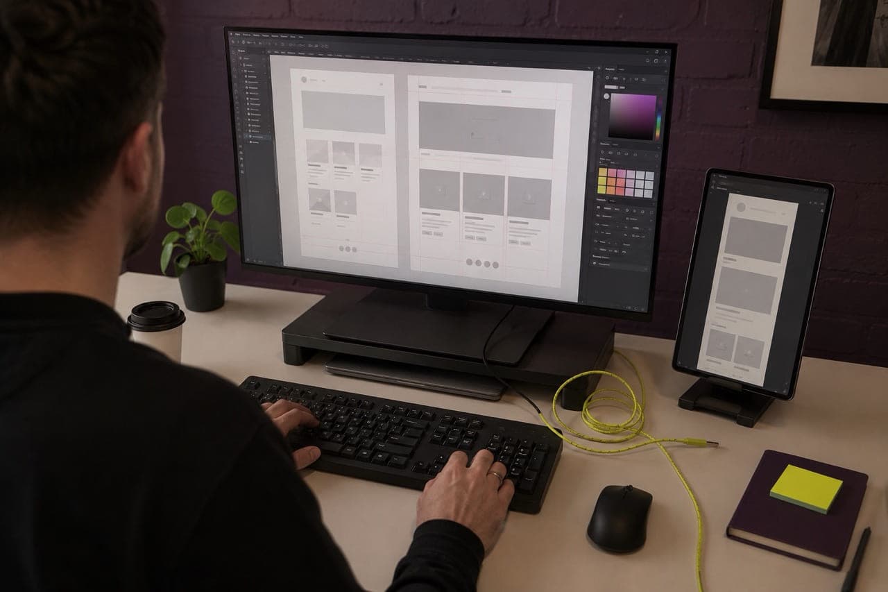 A designer building a website layout across two screens, with the mobile view alongside