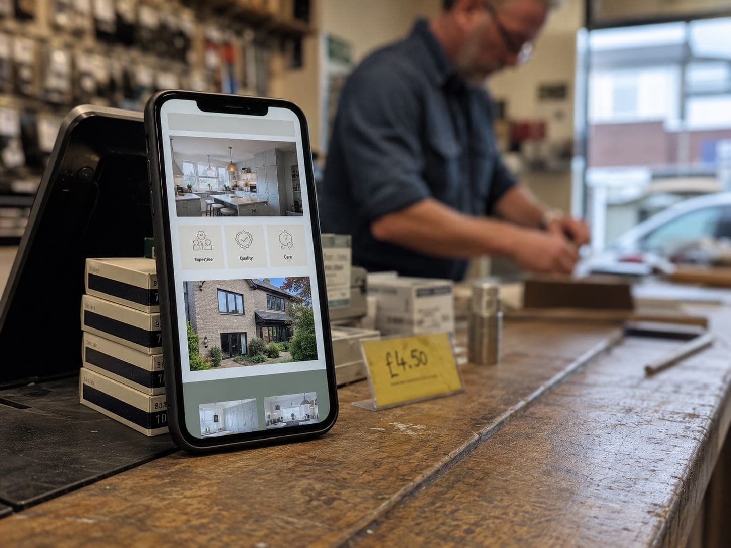 A phone on a workshop counter showing a small business website while the owner works
