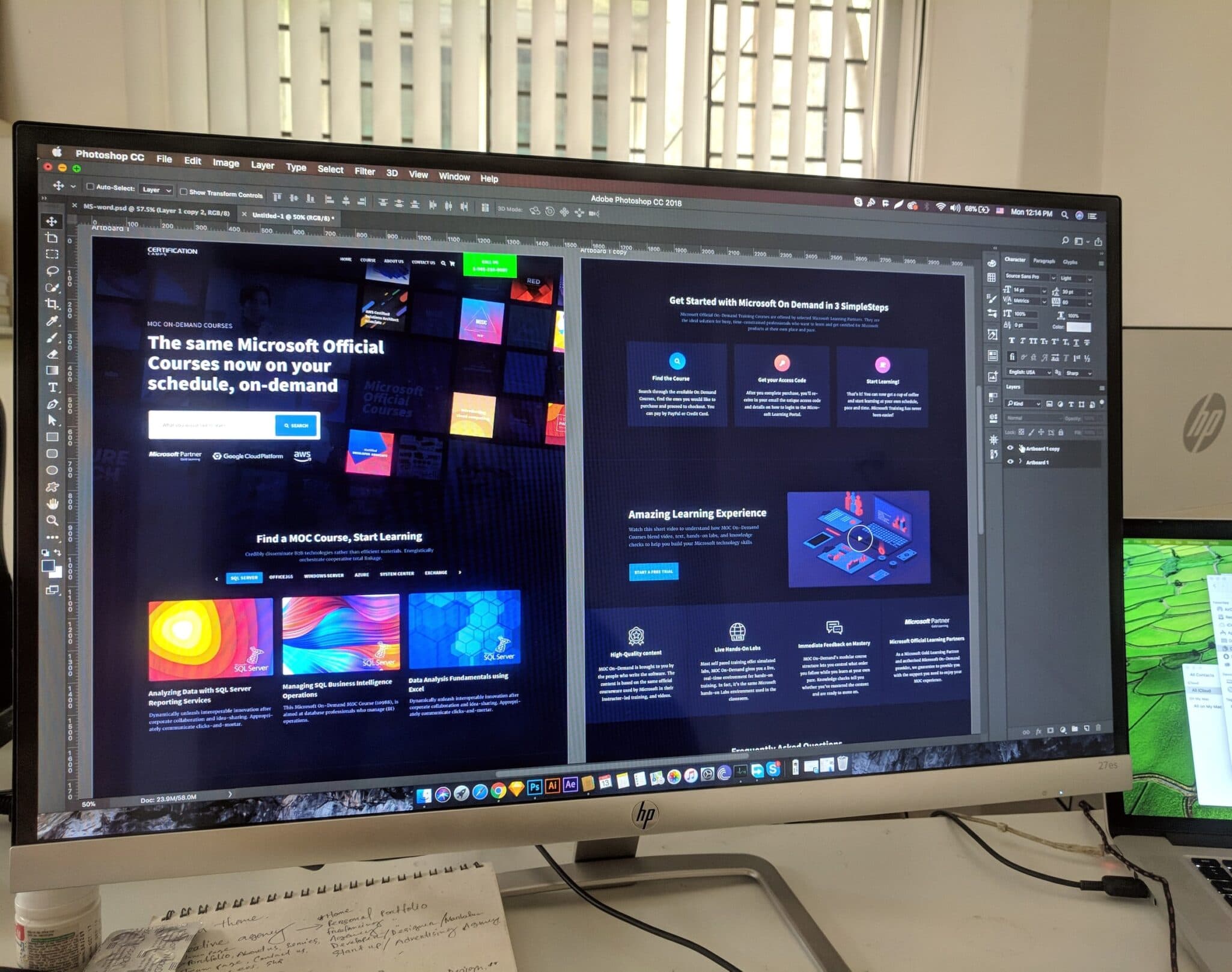 A widescreen monitor showing two Microsoft course pages side by side in a design application.