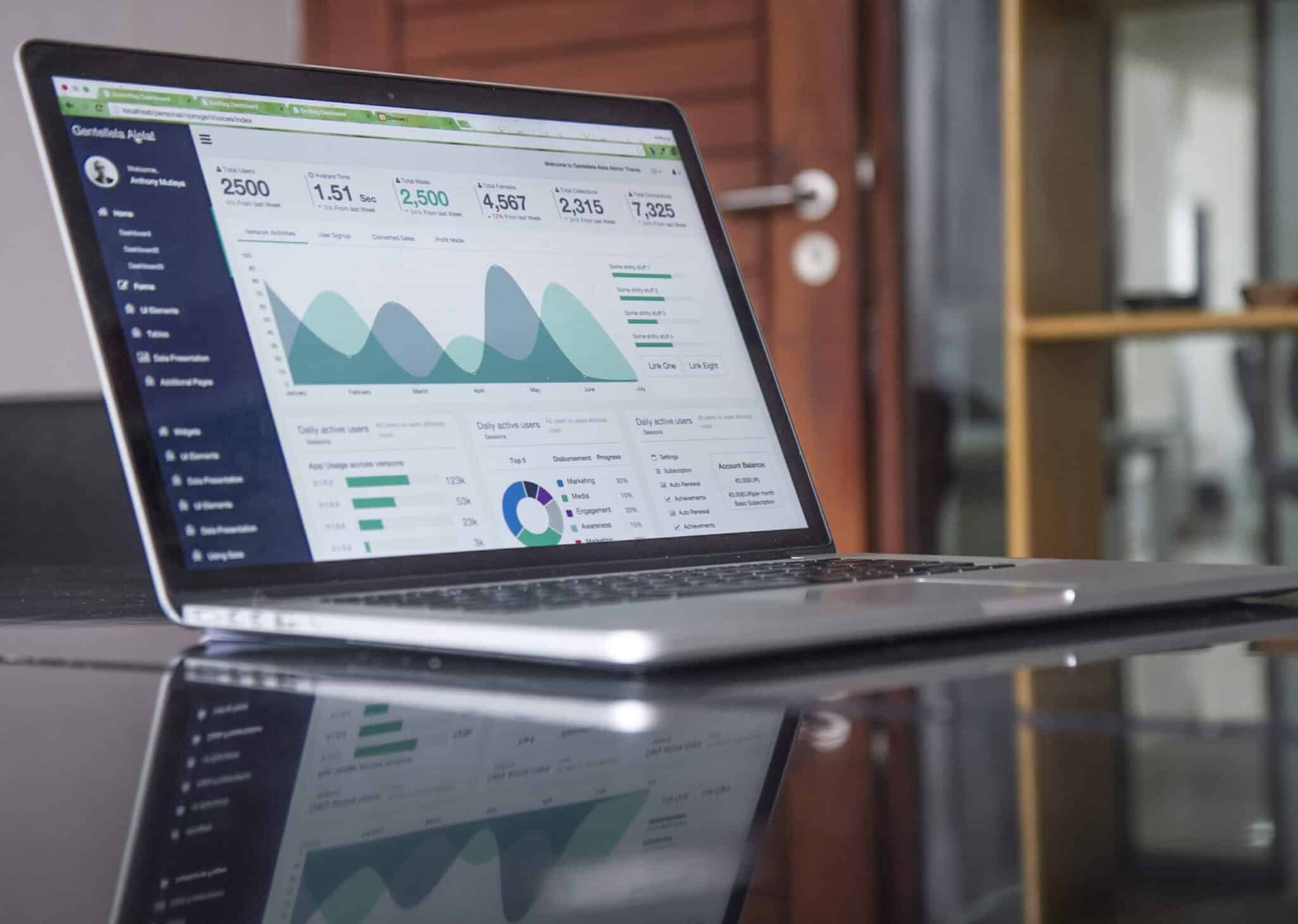 A laptop on a glass table showing an analytics dashboard with traffic graphs.