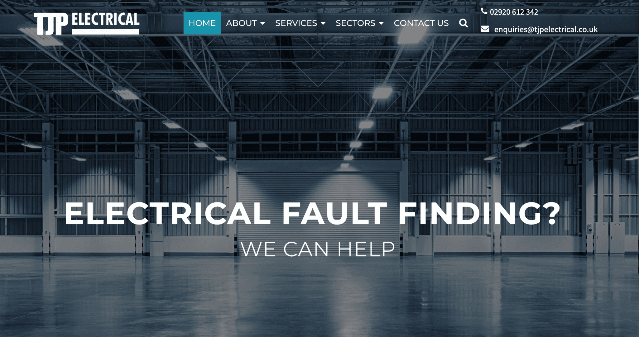 The TJP Electrical website homepage, headed Electrical Fault Finding? We Can Help, over a photo of an empty warehouse.