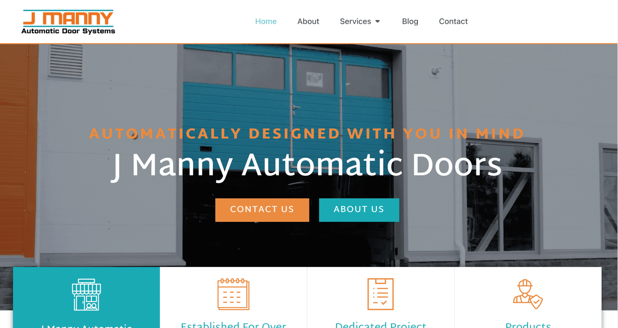 The J Manny Automatic Doors website homepage, headed Automatically Designed With You In Mind.