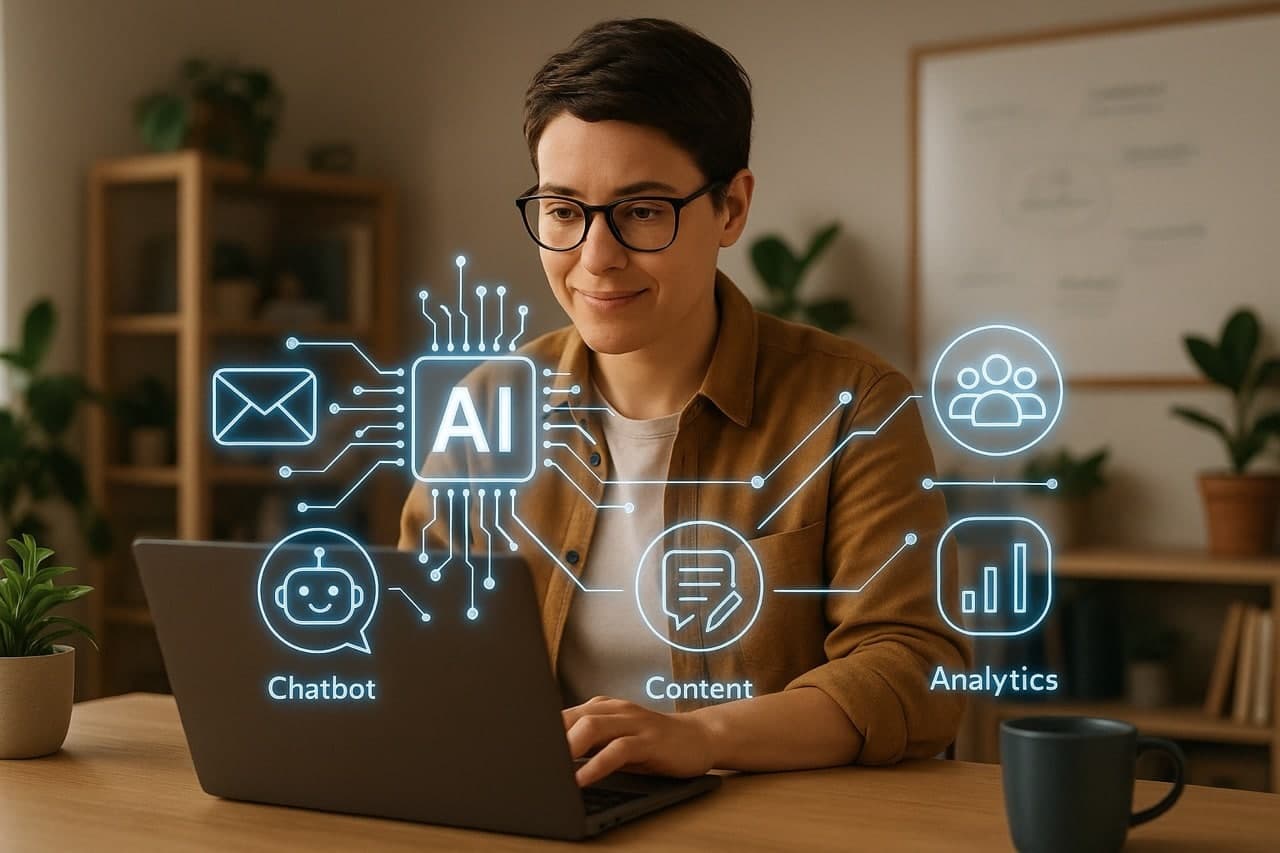 A gender-neutral small business owner sitting at a desk in a home office, using a laptop surrounded by digital icons representing AI-powered marketing tools like email automation, chatbots, social media scheduling, content creation, and analytics.